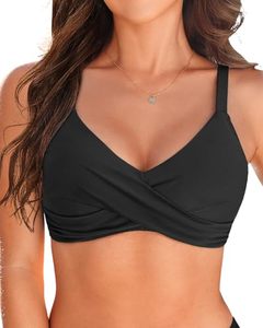 Haut de bikini rayé à col en V pour femme, 1 pièce, soutien-gorge de bain rembourré push-up, Spandex/Nylon, noir, XL - Product Image 1