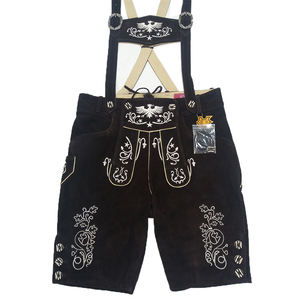 100% Original hommes bavarois court Lederhosen cuir noir avec jaune belle broderie haut High Street Style XS taille - Product Image 4