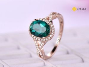 7*9 mm Oval Cut Lab-Grown Emerald 14K Solid Rose Gold Ring Oval Shape Split Shank Halo Ring with Metal Tone/Purity Change Option - Product Image 3