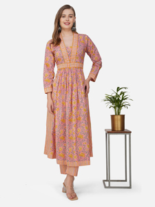 ชุด anarkali kurta กางเกงผ้าฝ้ายแขนยาวคอวีพิมพ์ลายดอกไม้สีชมพูและสีเหลืองสำหรับงานปาร์ตี้ - Product Image 4