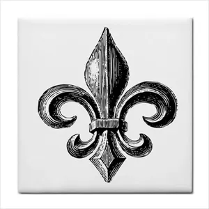 Azulejo de cerámica de flor de lis retro de estilo vintage, acento de Arte de pared blanco y negro - Product Image 1