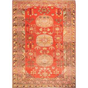 Alfombras de Lana Anudadas a Mano Aalam, Rectangulares, con Medallón Rojo Naranja y Patrones Abstractos para Uso Doméstico - Paem-158 para Sala de Estar y Dormitorio, 9x12 Pulgadas - Product Image 1