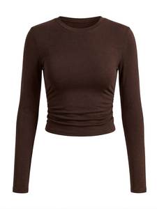 Haut court marron froncé à manches longues pour femme, coupe ajustée, col rond, uni, décontracté, en polyester, extensible à moyen degré - Product Image 1