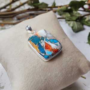 Colgante de plata 925 hecho a mano con cabujón rectangular de ostra espinosa tipo religioso cristiano - Product Image 5