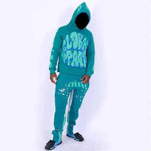 Conjunto de ropa de calle con estampado de abullonado y logotipo personalizado, acampanados y pantalones de chándal Sudadera con capucha, trajes de jogging de 2 piezas para hombre - Product Image 1