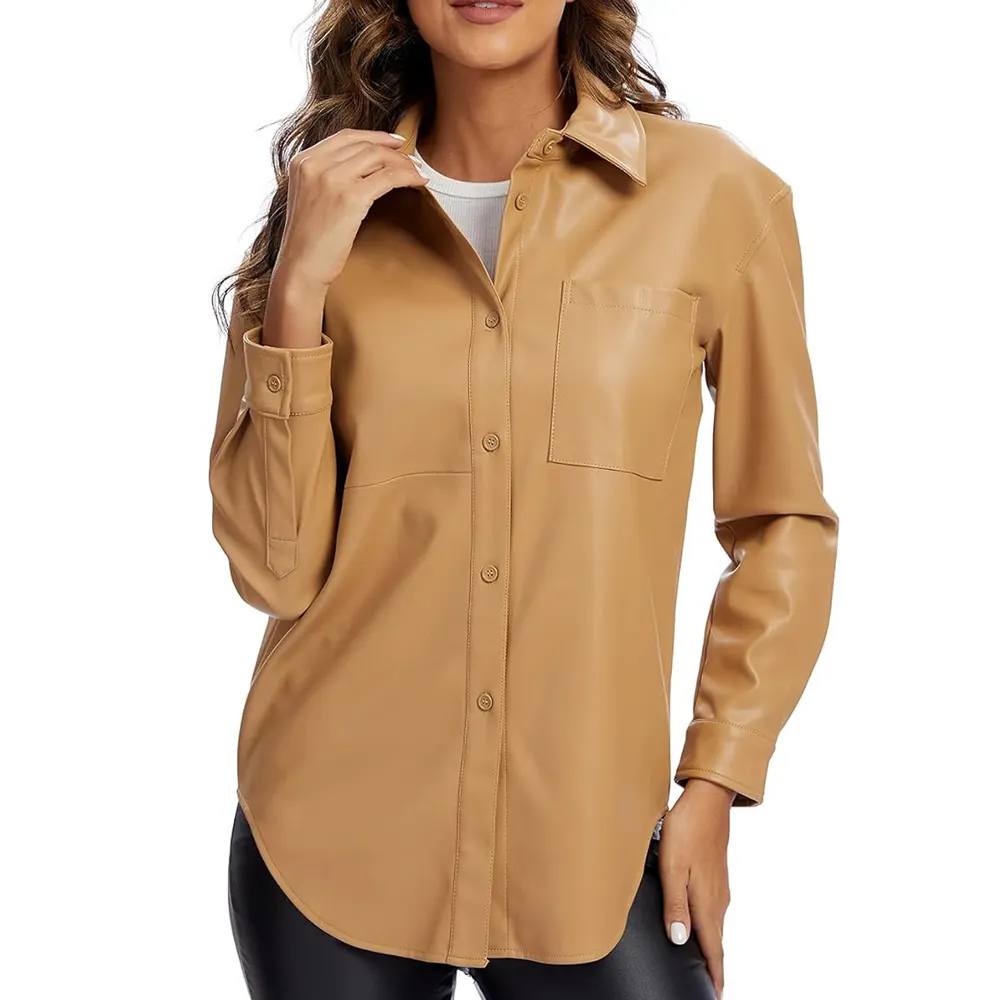 Camicia in pelle con bottoni da donna di Design più nuovo all'ingrosso Street Wear tinta unita miglior prodotto di vendita giacche di pelle alla moda da donna