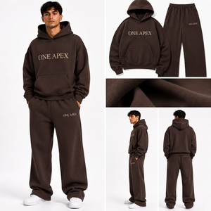 Ensemble survêtement streetwear homme en coton marron premium, coupe oversize, avec sweat à capuche et pantalon large épais - Product Image 6