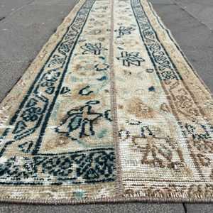 Turkish Vintage Rug, 1.4x4.6 ft Small Rug, <b>Brown</b> Blue Abstract <b>Wool</b> Rug - Product Image 5