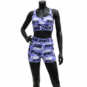 Ensemble short et haut pour femme en tissu extensible polyester élasthanne 220 GSM, violet, noir, blanc, avec logo imprimé par sublimation, ensemble short en coton pour femme - Product Image 6