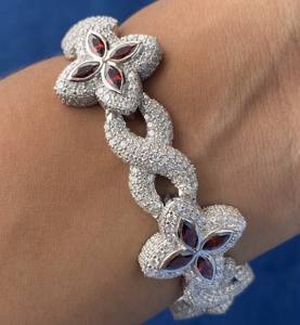 Adorable 925 Sterling Silver Hip Hop Red Marquise Cuban Link <b>Clover</b> <b>Bracelet</b> Iced Out Brilliant Cut Diamond Stone - Product Image 1