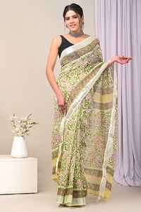 ชุดส่าหรีผ้าลินินพิมพ์ลาย100% ด้วยมือที่ถูกบล็อกสำหรับผู้หญิงทุกวัยในสีพาสเทลและสีสดใสในลาย Paisley - Product Image 6