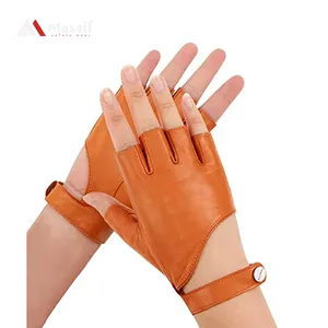 Mesh Driving Sheep Skin Leather Half Finger Gloves For Men and Women