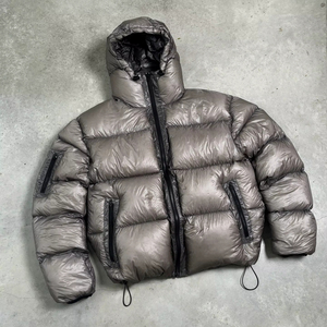 Custom <b>Silver</b> Men's Hooded Bomber Puffer <b>Jacket</b> Windproof Waterproof Shiny Coated Wool/Polyester Sleeve Pocket Winter Outdoor - Product Image 1