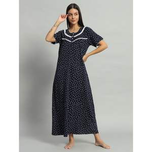 Camisón de Encaje 100% Algodón para Mujer, Mangas Medias, Largo Completo, Tela Transpirable, Cuello con Estampado Floral, Elegante, Primavera, Verano, Otoño - Product Image 1