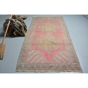 <b>Vintage</b> Turkish <b>Rug</b> 4.2 X 7.9ft Pink Yellow Wool Flat Weave Patchwork Pattern for Living Room Hallway Decorations Latex Backed - Product Image 1