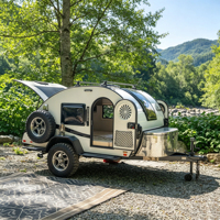 Mini-caravane moderne et légère en forme de larme, design pliable, construction en aluminium et acier inoxydable pour voitures/SUV de petite taille