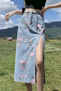 Falda Midi Vaquera para Mujer, Corte Recto, Bordado Floral a Mano, Algodón Lavado a la Piedra, Estilo Casual de Primavera - Product Image 2