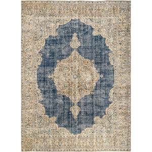 Tapis en laine bleu vintage noué à la main pour la maison - Motif médaillon rectangulaire abstrait pour entrée, couloir, salon, tapis pour adolescents - Product Image 1