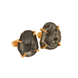 Unique stud natural black geode druzy agate gold plated prong set earring classy crystal push back stud earrings jewelry