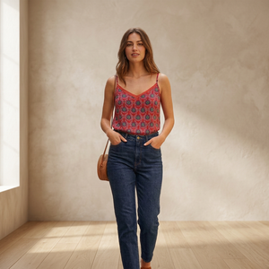 Blusa sin mangas con cuello en V para mujer, estampado floral geométrico, tirantes finos, informal, primavera-verano, tejido, corte regular - Product Image 3
