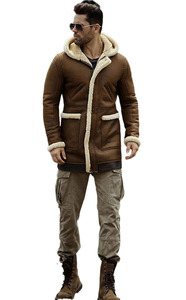 Mens Shearling Hooded <b>Coat</b> Real Genuine Leather Ternch Mid Length Sherpa Fur Warm filling Winter Rancher <b>Coat</b> Jacket Wholesale - Product Image 2