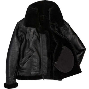 Veste bomber aviateur noire OEM en peau de mouton pour homme Ceinture à la taille Vêtement d'extérieur en cuir de qualité supérieure personnalisé pour l'hiver Fabriqué à Sialkot Pakistan - Product Image 6