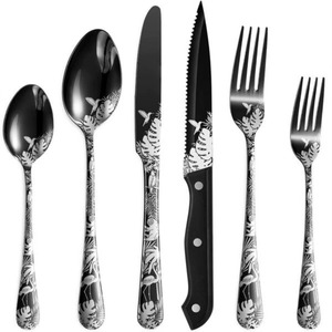 Juego de 6 cubiertos de acero inoxidable usados en utensilios de cocina de mesa, café, hogar, cubiertos chapados en color negro, mango de diseño hecho a mano - Product Image 1