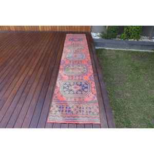 Turkish Vintage <b>Runner</b> Rug 2.1x11.1 ft, <b>Red</b> Blue Moroccan Rug - Product Image 1
