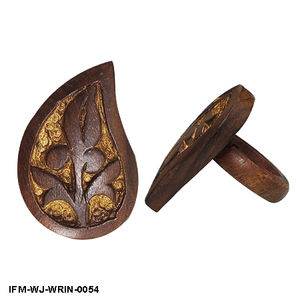 Handmade Modern Bohemian Artisan <b>Ring</b> Wooden <b>Statement</b> Carved Leaf Paisley Design with Gold Inlay for Women - Product Image 3