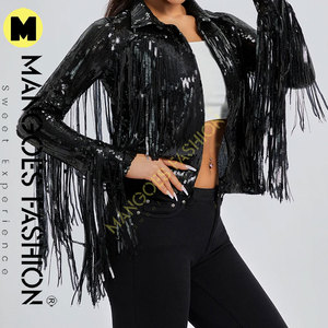 Women's Autumn Winter Black Color <b>Sequin</b> Party <b>Jackets</b> Sparkly Long Sleeve Open Front Tassel Blazers Cotton Filling Quilted - Product Image 6