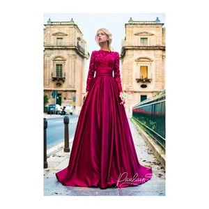 Beautiful maxi dress with lace top & A-Line satin skirt/ Romantic floor length long sleeves fitted AMBER long dress for women