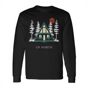 Camiseta de manga larga con diseño de cabaña en forma de A y puesta de sol en el bosque del norte, producto promocional - Product Image 3