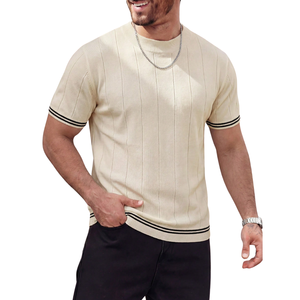 <b>Men's</b> Ribbed Knit <b>T</b>-<b>Shirt</b> Crew Neck Short Sleeve Slim Fit <b>Striped</b> Pullover Casual Front Custom Breathable Quick Dry 220g 2XL - Product Image 1