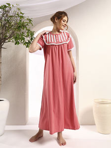 Chemise de nuit en dentelle 100% coton pour femmes, manches courtes, longueur totale, tissu respirant, col uni, élégant, automne/printemps/été - Product Image 3