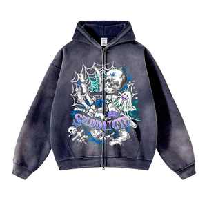 Achetez un sweat à capuche zippé Streetwear Hallowmas 360 GSM délavé à l'acide Y2K pour homme, sweat à capuche surdimensionné pour homme - Product Image 2