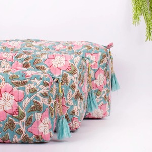 Handmade Quilted Women's <b>Makeup</b> Case Set Eco-friendly Cotton <b>for</b> Bag Zipper Block Printed Cosmetic Wash Bag 3-Piece Large - Product Image 4