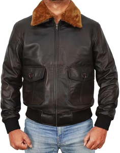 G1Distressed Brown 100% Genuine Cowhide Leather Aviator Bomber Flight <b>Fur</b> <b>Jacket</b> leather <b>jacket</b> men aviator bomber flight - Product Image 2
