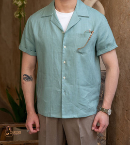 Camisa de Manga Corta para Hombre con Cuello Cubano, Transpirable, Estilo Vintage, para Verano - Product Image 1