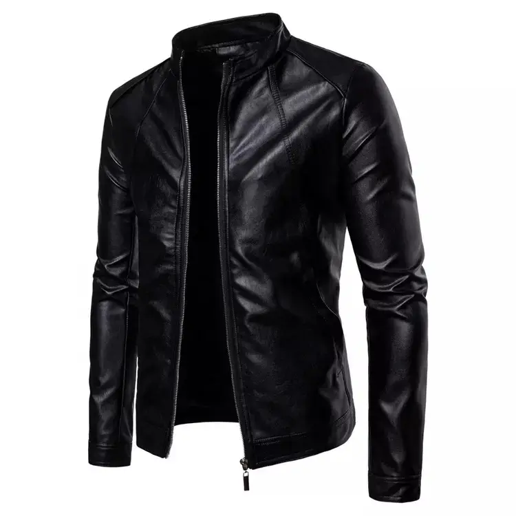 Wholesale Fashion Autumn Mid-length Leather Stand Up Collar Motorcycle Coat Men Leather