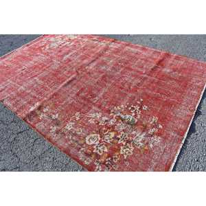 Turkish Rug, 6.7x10 ft Vintage Rug, <b>Red</b> White Abstract <b>Wool</b> Rug - Product Image 1
