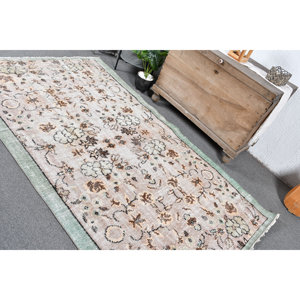 Tapis turc vintage en laine blanche et verte 4 pi 6 po x 7 pi 8 po Tissage plat Dos en latex Grand tapis décoratif pour salon - Product Image 4