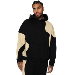 Top Trending <b>Men</b> <b>Black</b> Heavyweight Pullover <b>Hoodie</b> With Beige Applique Patches And Kangaroo Pocket For Sale - Product Image 1