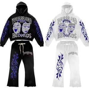 Men's 100% Cotton Flared Sweatpants Hoodie Set <b>Distressed</b> Custom Tracksuit with Zip Hoodie and Washed Flare Pants for Winter - Product Image 4