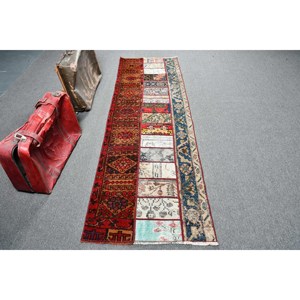 2.5x8.1 ft Vintage Rug, Turkish <b>Runner</b> Rug, <b>Red</b> Blue Floral Wool Rug - Product Image 1