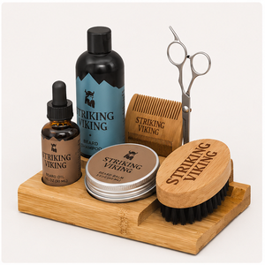 Nuevo Set de Cuidado de Barba en Tendencia: Bandeja de Madera con Cepillo, Peine, Tijeras, Aceite, Bálsamo y Champú - Product Image 1