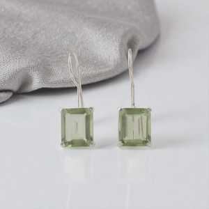 Boucles d'oreilles en améthyste verte faite à la main, en argent Sterling 925, bijoux en pierres précieuses rectangulaires, cadeau élégant pour femmes - Product Image 1