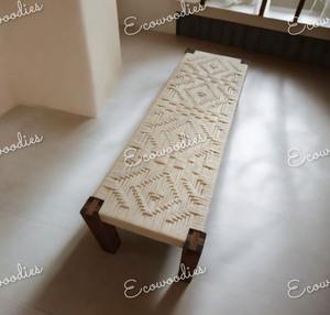Banc tricoté en macramé en tissu de haute qualité de style moderne avec pieds en bois pour salle à manger maison chambre à coucher banc tissé Console en incrustation d'os - Product Image 2