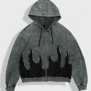 Sudadera con capucha vintage con cremallera lavada y detalle de puntada de llama negra, Sudadera con capucha desgastada en blanco de Terry francés de algodón para hombre, chaqueta con - Product Image 1