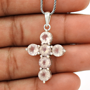 Colgante de Cruz de moda superior Plata de Ley 925 Piedra preciosa de cuarzo rosa natural Diseño de pedido personalizado Fabricante de joyería India - Product Image 3