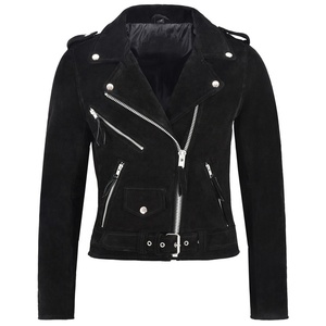 Veste en cuir suédé à franges noires pour femme, veste en cuir de Style moto en peau de mouton véritable - Product Image 1